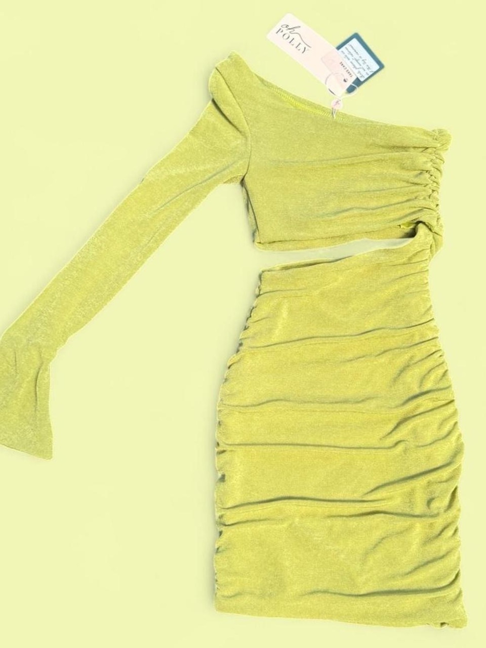 Oh Polly One-Shoulder Lime Green Ruched Two-Piece Dress